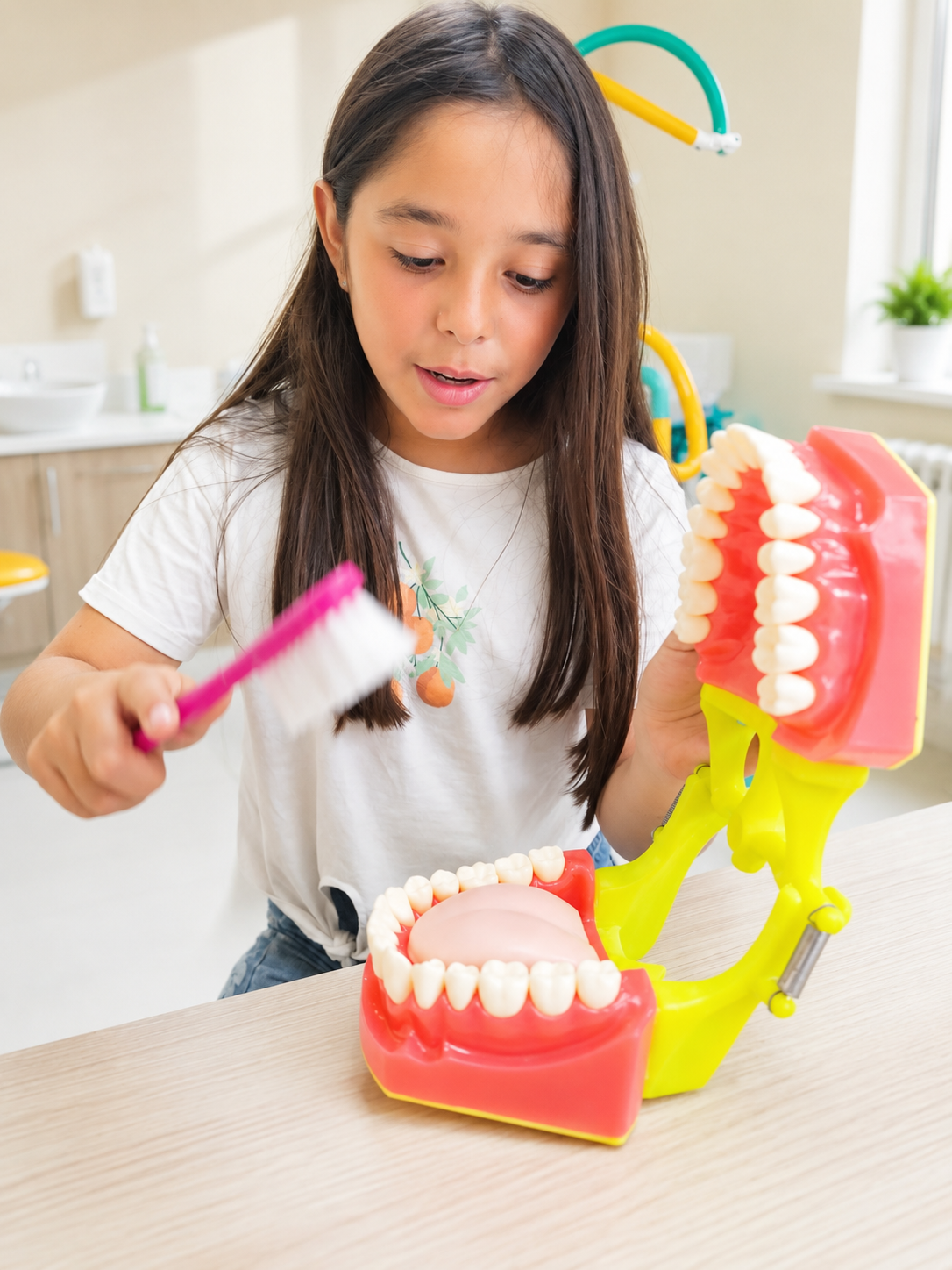 Niña aprendiendo sobre el cepillado dental con un modelo de boca en una consulta odontopediátrica
